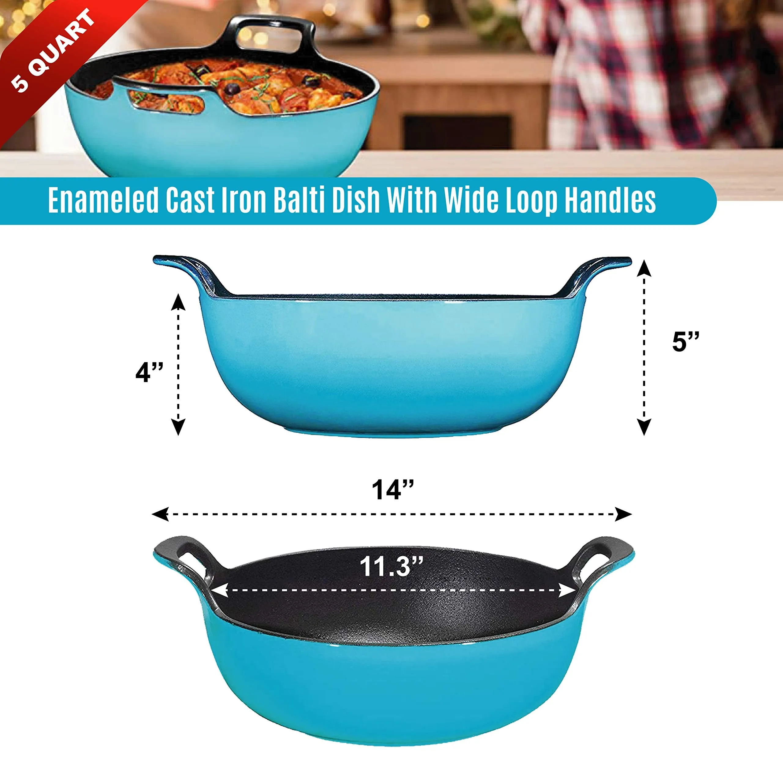 Enameled Cast Iron Balti Dish With Wide Loop Handles, 5 Quart