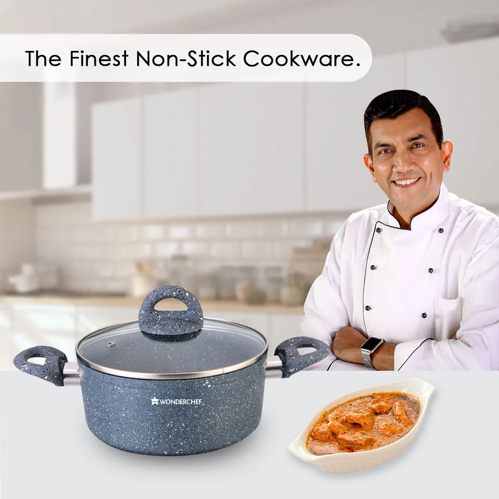 Granite 24 cm Non-Stick Casserole | Glass Lid |Induction Bottom | Soft-Touch Handles | Virgin Aluminium | PFOA and Heavy Metals Free | 3.5mm | 4 liters | 2 Year Warranty | Grey
