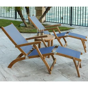 Royal Teak 3-Piece Steamer Folding Sling Lounge Chair & Miami Round Side Table Set