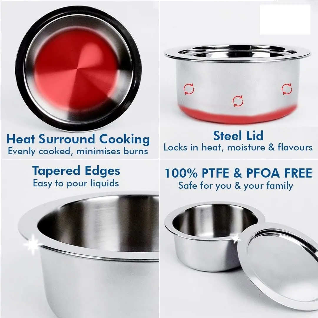 UMAI X SAVYA Home Triply Stainless Steel Tope (Patila) with Lid | Handi Casserole with lid | 1.5 L | 16 cm Diameter | 100% PTFE and PFOA F | Stainless Steel Cookware (1.5 litres) (1.5 litres)